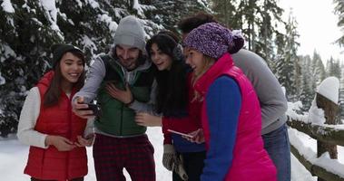 Group Of People Winter Snow Forest Walking Smiling Friends Taking Selfie Photo In Snowy Park video
