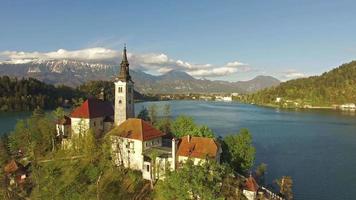 Church in Bled Lake aerial view