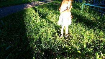 liten flicka med långt hår äter glass i parken. video