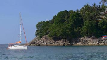 thailand summer day phuket island beach hill sail boat panorama 4k video