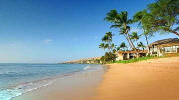4k Strand an tropischer Inselküste, Meer mit blauem Ozean, Palmen und Villen