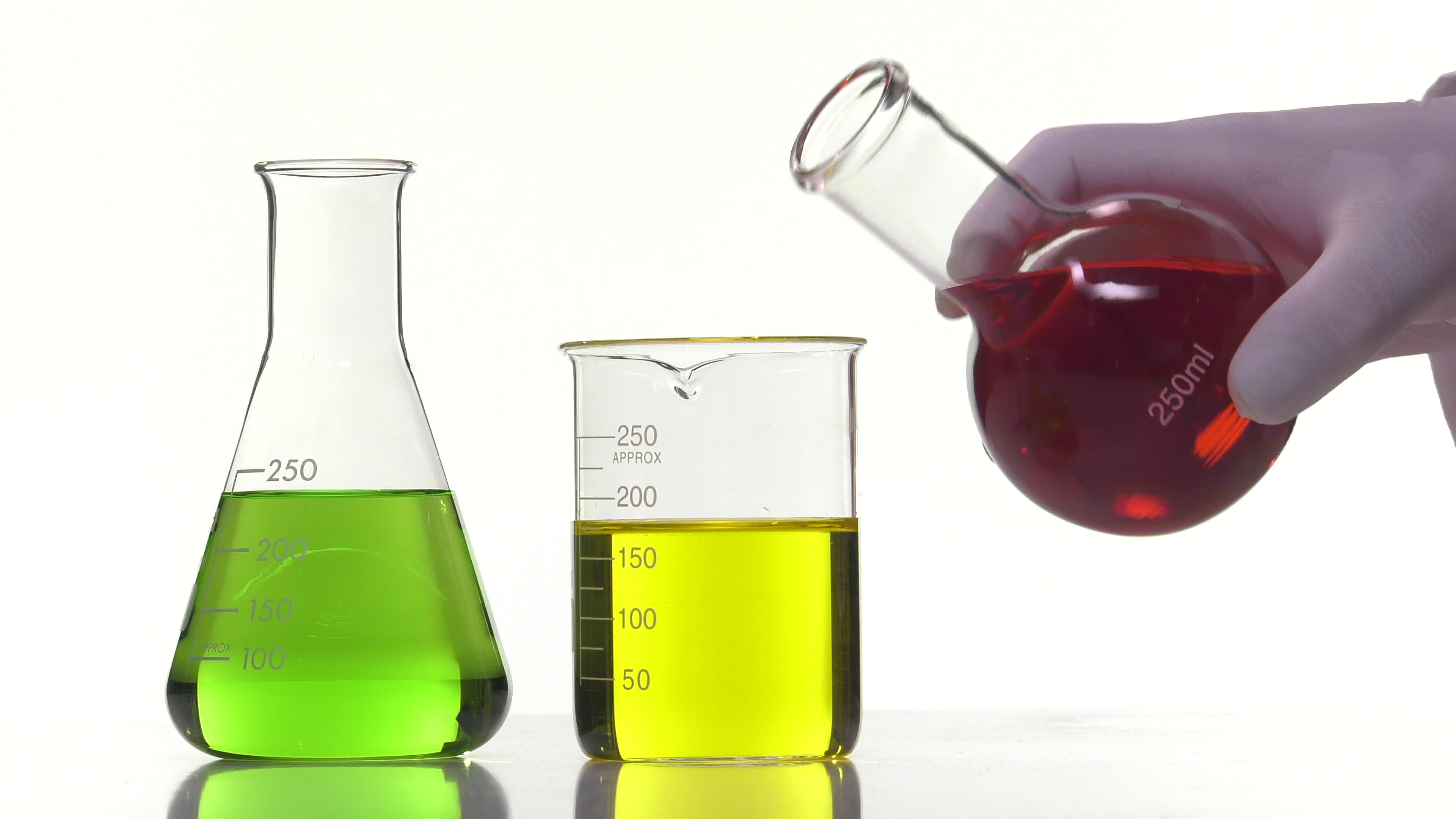 pouring-of-a-red-liquid-into-a-yellow-liquid-beaker-1296465-stock-video