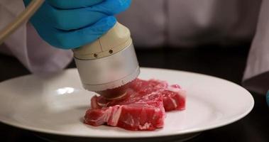 forskare som använder teknik för att analysera köttbit