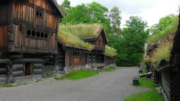 lindas casas de vilarejo norueguês com telhado de grama verde, noruega video
