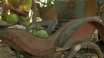 Mann lädt seinen Fahrradanhänger mit Bündeln von Kokosnüssen