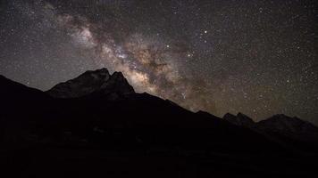 Astronomia da galáxia da Via Láctea sobre a cordilheira do Himalaia na montanha nepal.nuptse, montanha everest e montanha ama dablam.