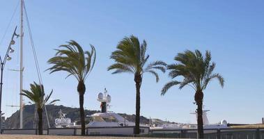 Barcelona Sunny Day Yacht Dock Montjuic Mountain 4k Spanien video