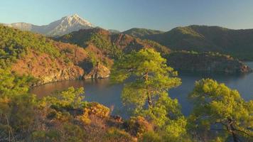 View from Lycian way to blue lagoon and Tahtali mauntain in Turkey. Panning shot, UHD, 4K
