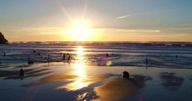 Luft Sonnenuntergang Ansicht fliegt über Küste mit dramatischem Licht im pazifischen Nordwesten video