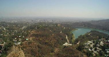 Aerial view of Lake Hollywood and Downtown Los Angeles  - California, USA