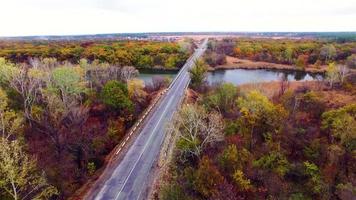 Aerial view of the road through autumn forest. video