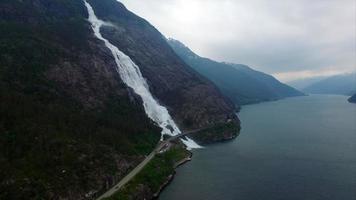 Huge Langfossen waterfalls in Norway, aerial footage