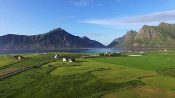 Flying over picturesque village Flakstad on Lofoten video