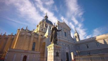 madrid sun light blue sky almudena cathedral up view 4k time lapse spain