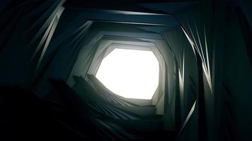 Render 3D, volando en un túnel industrial, el túnel abstracto de estructuras metálicas y vigas 4k video