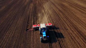 Aerial view of tractor sows sunflower video