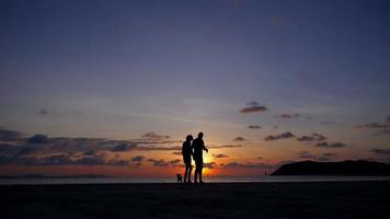 couple heureux marchant avec chien au coucher du soleil. ralenti