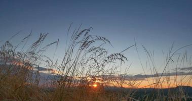Crane Pan of Distant Hills, Tall Summer Grass and Sunset in Distance