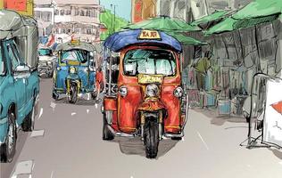 Boceto de un auto rickshaw en un fondo de la ciudad