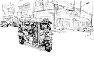 Boceto de un auto rickshaw en un fondo de la ciudad vector