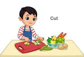 Little boy cutting vegetables vector