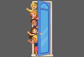 Kids peeking of the door waving vector