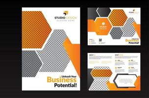 Business Orange and Grey Hexagon Bifold Template Set  vector