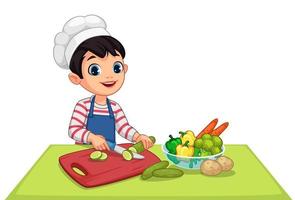 Cute little boy cutting vegetables vector