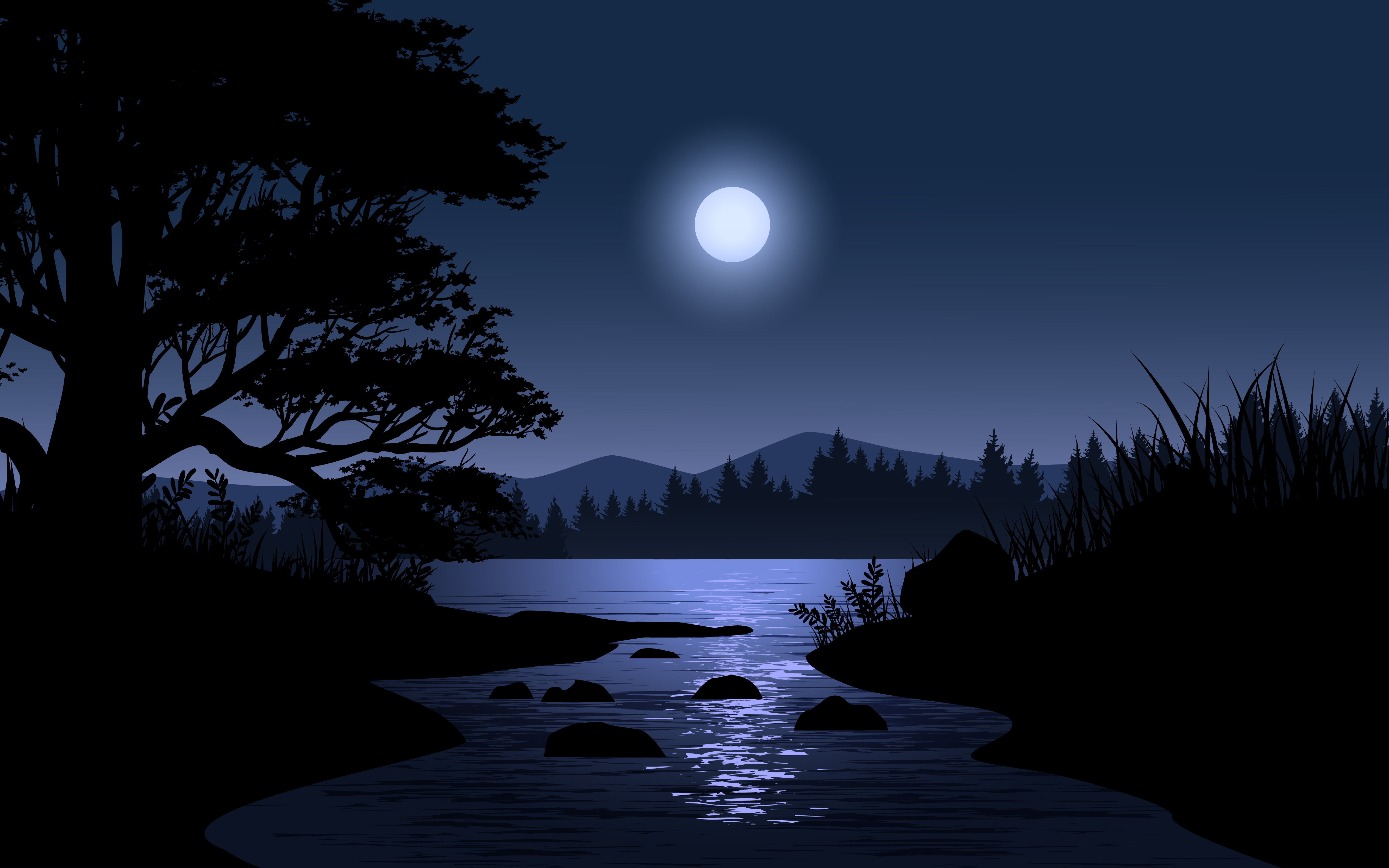 Night Scene With Moon Over River Landscape Download Free Vectors Clipart Graphics Vector Art