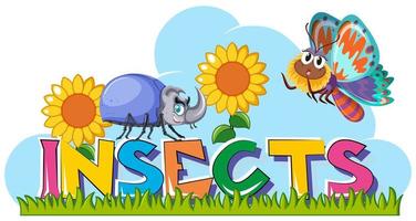 Word insects with beetle and butterfly in garden vector