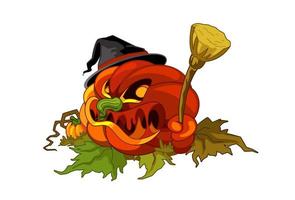 Halloween evil pumpkin face holding a broom vector