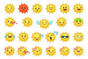 Collection of different emoticons of cute sun cartoon vector