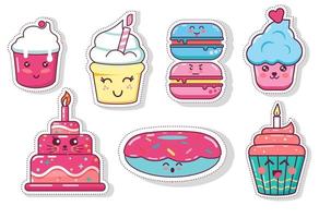 Set of fun kawaii bakery food desserts stickers vector