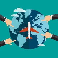 Travel around world by plane design with pointing hands vector