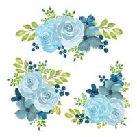 Watercolor blue rose flower bouquet set vector