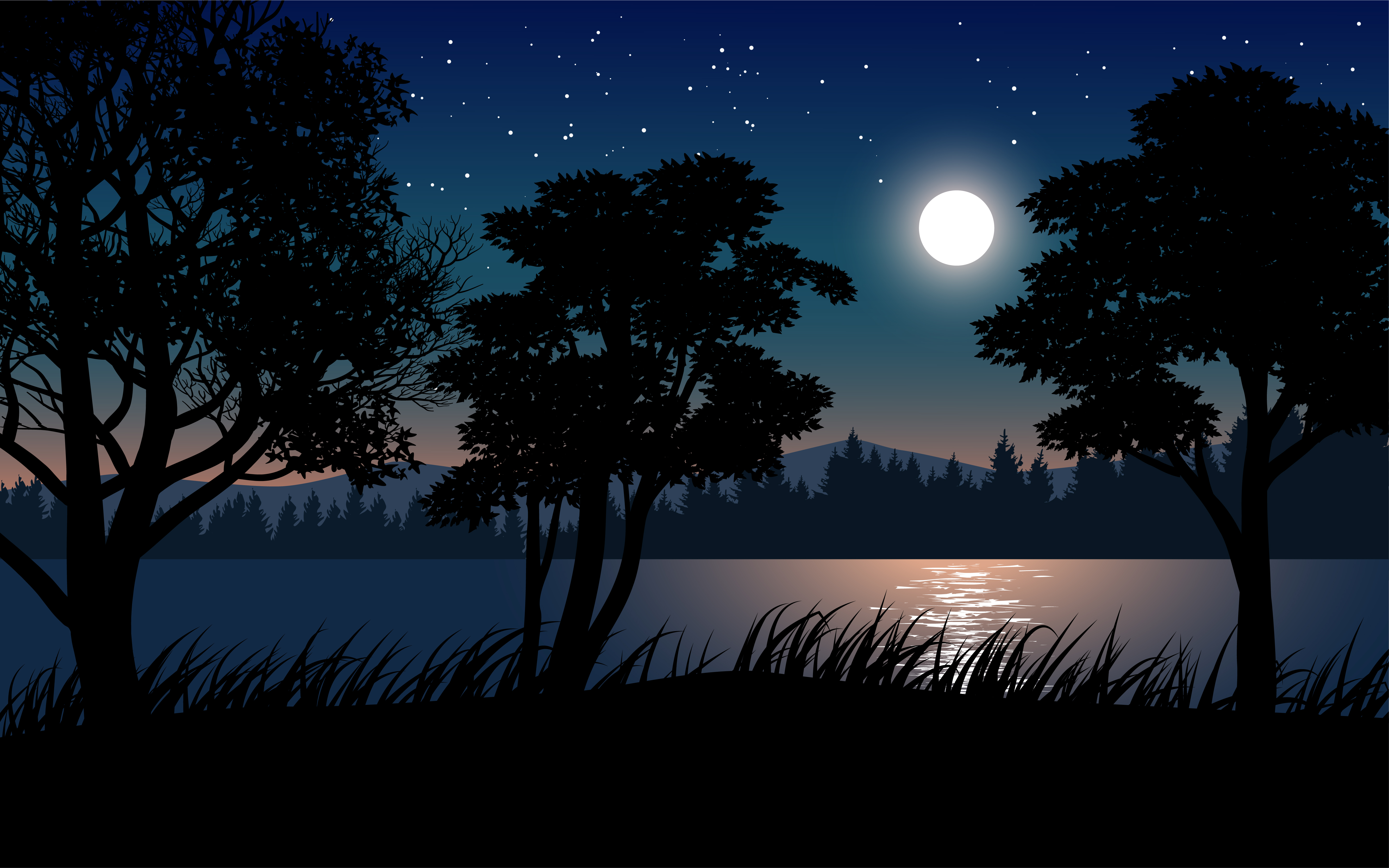 Beautiful Calm Night With Moon Over Lake Download Free Vectors Clipart Graphics Vector Art