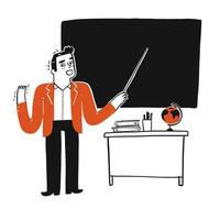 Teacher in class with a blank blackboard  vector