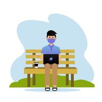Young boy with laptop sitting on bench with coffee