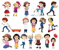 Large Set of Boys, Girls in Various Activities on White vector