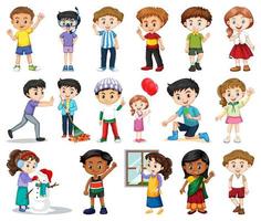 Large Set of Boys, Girls in Various Activities on White vector