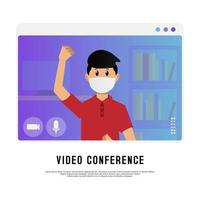 Young masked boy on video conference vector