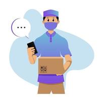 Delivery man holding parcel and smart phone
