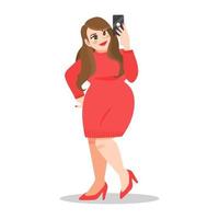 Feliz dama de talla grande en vestido rojo tomando selfie vector
