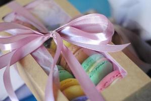 Colorful macaron in cute box with ribbon, macaroon french biscuits photo