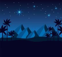 Desert mountains and palm trees at night vector