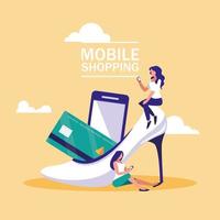 Mini people with smartphone and shopping online vector