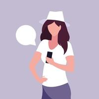 mujer joven, utilizar, smartphone, con, burbuja del discurso vector