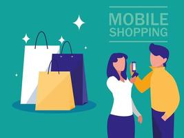 mini personas con teléfono inteligente y compras en línea. vector