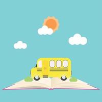 Back to school banner with school bus on open book vector