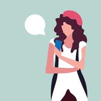 mujer joven, utilizar, smartphone, con, burbuja del discurso vector